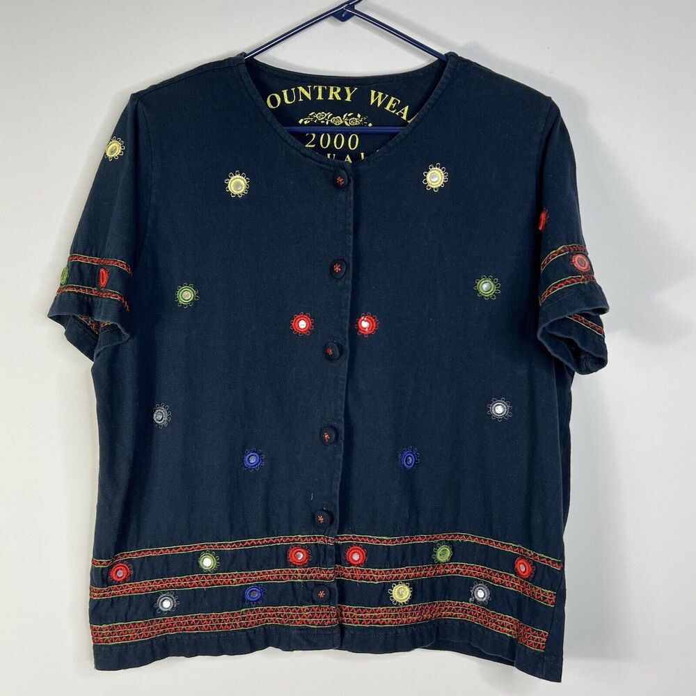 Country Wear 2000 Casuals Women Sz L Blue 100% Cotton Mirror Button-Up Shirt Art